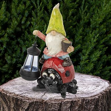 12.25" Solar LED Lighted Gnome and Ladybug Outdoor Garden Statue