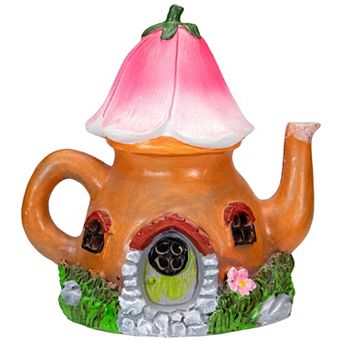 7" Solar Lighted Flower Tea Pot Outdoor Garden Statue