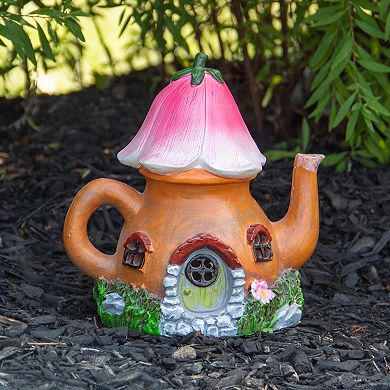 7" Solar Lighted Flower Tea Pot Outdoor Garden Statue