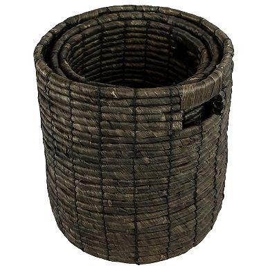Set of 3 Dark Brown Natural Woven Table and Floor Cylindrical Seagrass Baskets