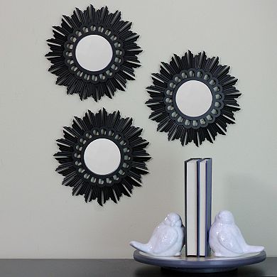 Set of 3 Floral Sunburst Matte Black Round Mirrors 9.5