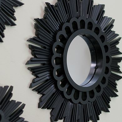 Set of 3 Floral Sunburst Matte Black Round Mirrors 9.5