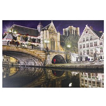 LED Lighted Famous St. Michael's Bridge and Church in Ghent Belgium Canvas Wall Art 15.75" x 23.5"