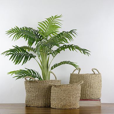 Set of 3 Natural Beige Round Seagrass Table and Floor Baskets