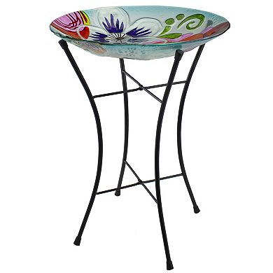 21” White and Blue Hand Painted Floral Glass Outdoor Patio Birdbath