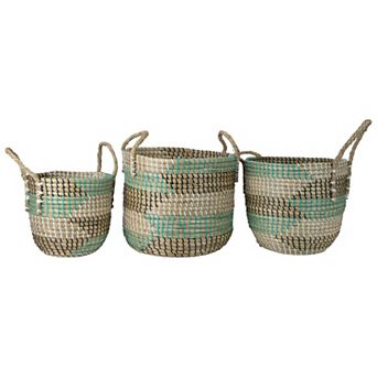 Set of 3 Natural Woven Seagrass Basket with Teal Black and White Accents