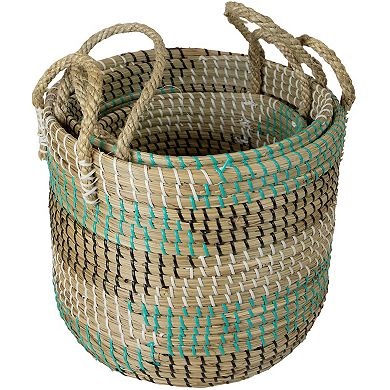 Set of 3 Natural Woven Seagrass Basket with Teal Black and White Accents