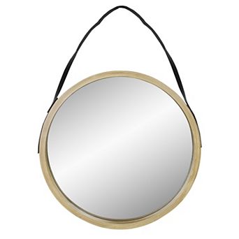 21" Beige Round Modern Mirror With Woodgrain Finish