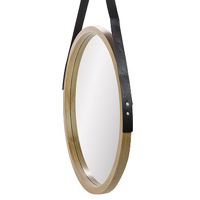 21" Beige Round Modern Mirror With Woodgrain Finish