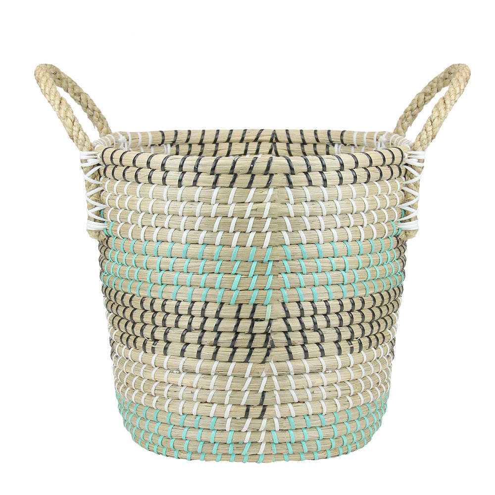 14" Natural Woven Seagrass Basket with Teal Black and White Accents