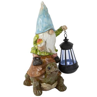 12.5" Solar LED Lighted Gnome and Turtle Outdoor Garden Statue
