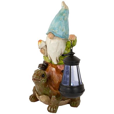 12.5" Solar LED Lighted Gnome and Turtle Outdoor Garden Statue