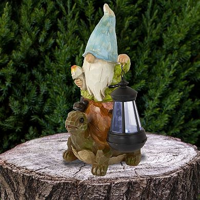 12.5" Solar LED Lighted Gnome and Turtle Outdoor Garden Statue