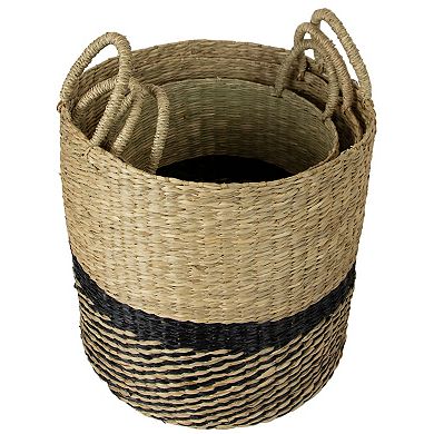 Set of 3 Black and Beige Woven Table and Floor Cylindrical Seagrass Baskets