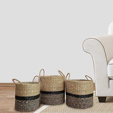 Set of 3 Black and Beige Woven Table and Floor Cylindrical Seagrass Baskets