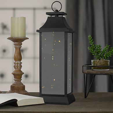 19-Inch LED Battery Operated Black Mirrored Lantern Warm White Flickering Lights