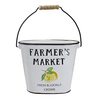 10.5" White and Black "Farmer's Market" Lemon's Metal Bucket with Handle
