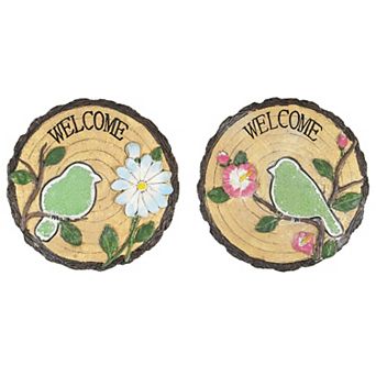 Set of 2 Welcome Birds Outdoor Floral Garden Stones 11"
