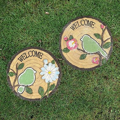 Set of 2 Welcome Birds Outdoor Floral Garden Stones 11"