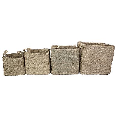 Set of 4 Rustic Beige Square Wicker Table and Floor Baskets
