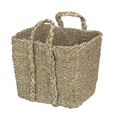 Set of 4 Rustic Beige Square Wicker Table and Floor Baskets