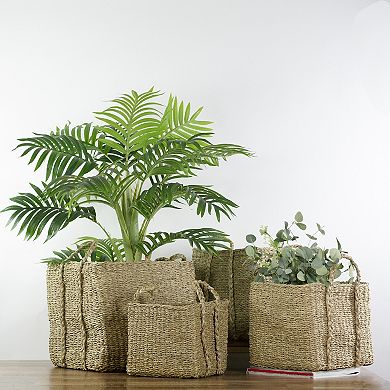 Set of 4 Rustic Beige Square Wicker Table and Floor Baskets