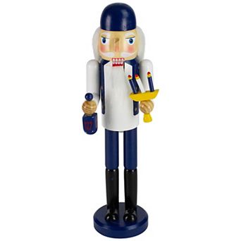 14" Blue and White Wooden Hanukkah Nutcracker with Menorah and Dreidel