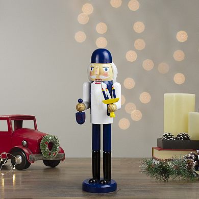 14" Blue and White Wooden Hanukkah Nutcracker with Menorah and Dreidel