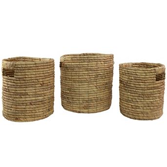Set of 3 Light Brown Natural Woven Table and Floor Cylindrical Seagrass Baskets