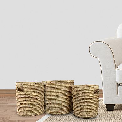 Set of 3 Light Brown Natural Woven Table and Floor Cylindrical Seagrass Baskets