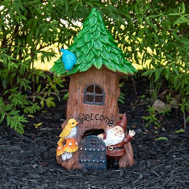 14" Solar Lighted Welcome Gnome Tree House Outdoor Garden Statue