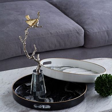Set of 2 Black and White Quinn Round Trays with Gold Accents 13.75"
