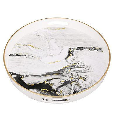 Set of 2 Black and White Quinn Round Trays with Gold Accents 13.75"