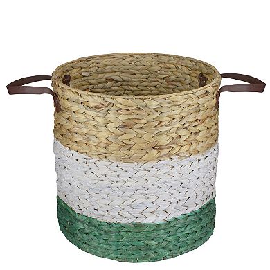 16" Beige White and Teal Braided Wicker Basket with Handles
