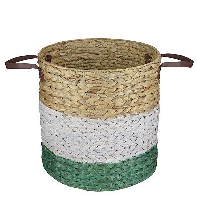 16" Beige  White and Teal Braided Wicker Basket with Handles