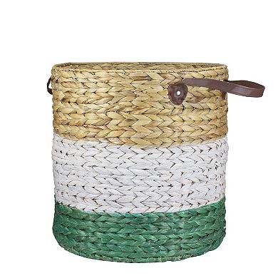 16" Beige White and Teal Braided Wicker Basket with Handles