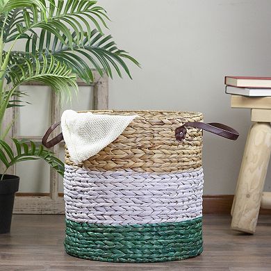 16" Beige White and Teal Braided Wicker Basket with Handles