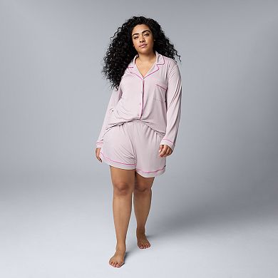 Plus Size Simply Vera Vera Wang 2-Piece Basic Luxury Long Sleeve Notch Pajama Top & Pajama Boxer Shorts Set