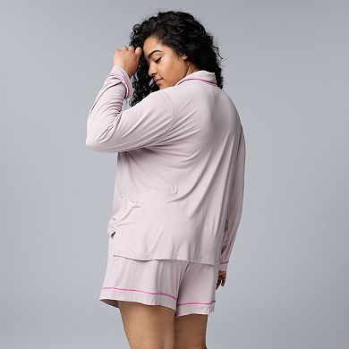 Plus Size Simply Vera Vera Wang 2-Piece Basic Luxury Long Sleeve Notch Pajama Top & Pajama Boxer Shorts Set