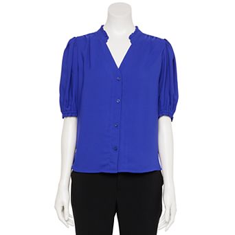 Women's Nine West Adaptive Short Sleeve Button Down Ruffle Shirt