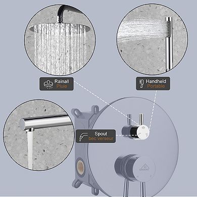 Casainc 10" Round Wall Mounted Shower System Set Handheld Spray & Bathtub Spout