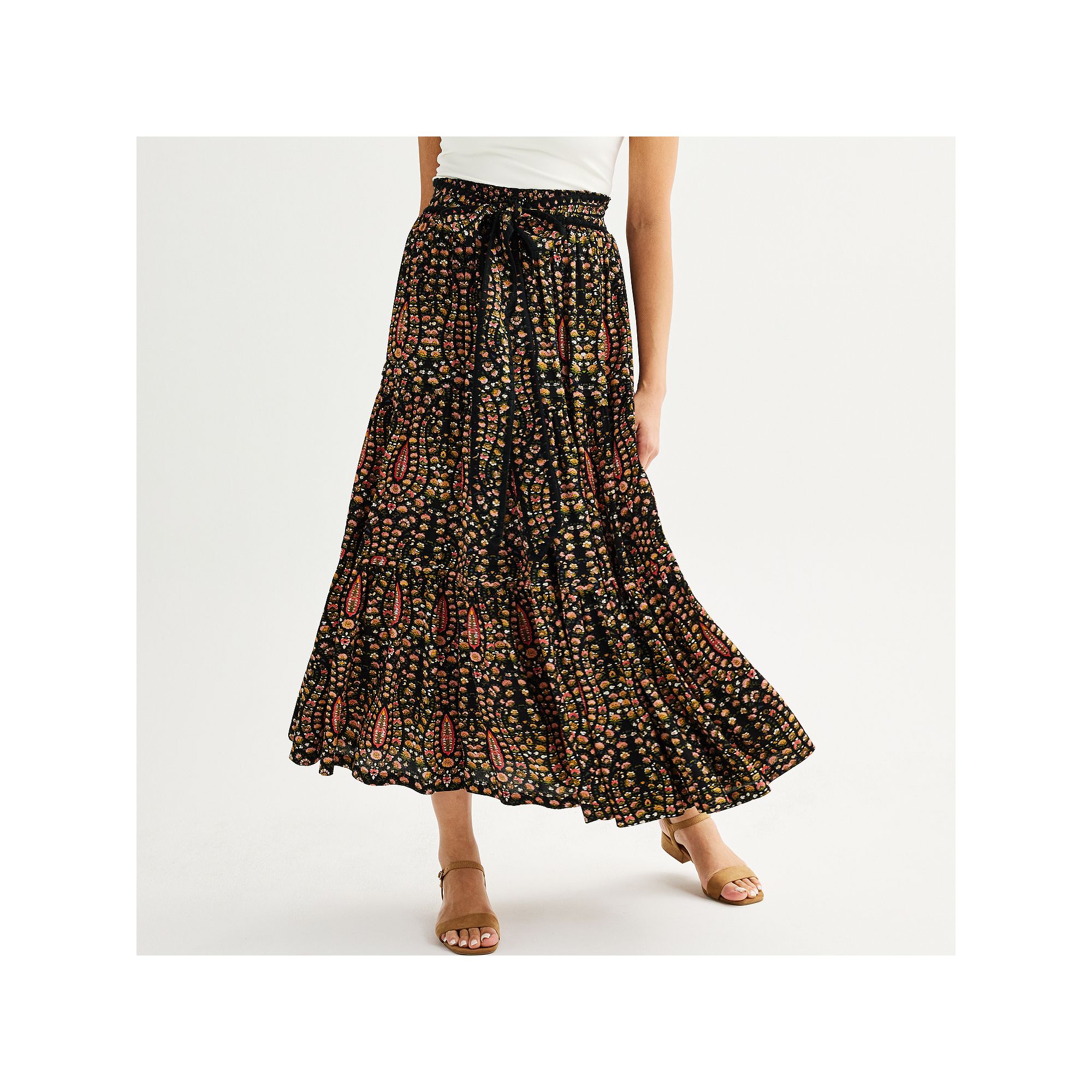 Womens Farmers Market Printed Flare Tiered Maxi Skirt, Size: Small, Garden