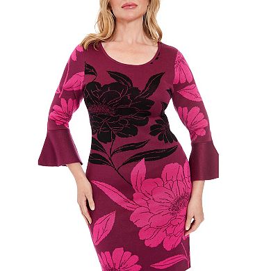 Women's London Times Bell Sleeve Floral Print Sheath Sweater Dress
