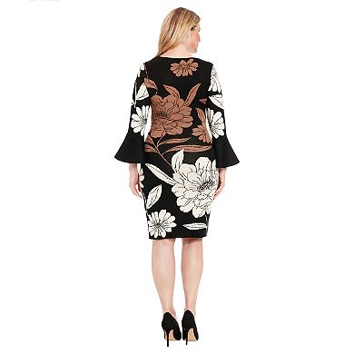 Women's London Times Bell Sleeve Floral Print Sheath Sweater Dress
