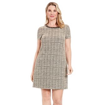 Women's London Times T-shirt Embellished Neckline Tweed Dress