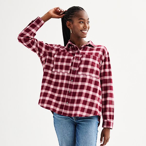 Juniors' SO® Oversized Flannel Button-Down Shirt - Mauve Plaid (X LARGE)