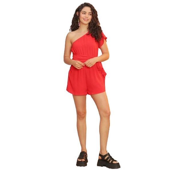 Red One Shoulder Self-tie Around Belt Romper