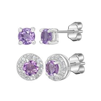 Gemistry Sterling Silver Stone Stud Halo Duo Set