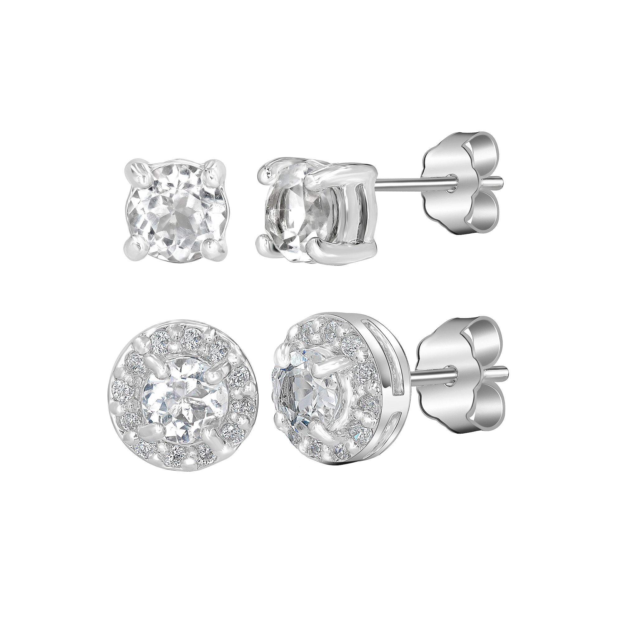 Gemistry Sterling Silver Stone Stud Halo Duo Set, Womens, White Topaz