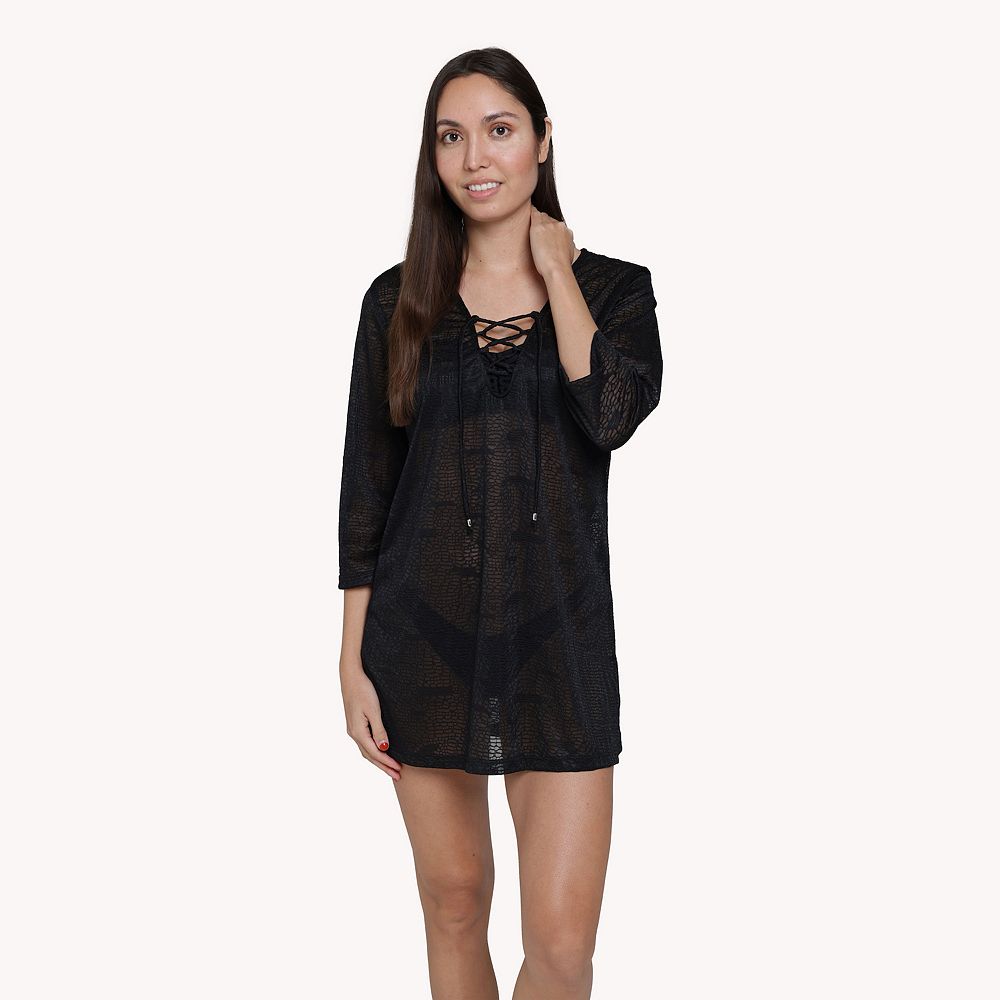 CONTOUR Women's Black Polka Dot Stretch Lace-Up Deep V Neck Adjustable Swimsuit Cover Up main image 1